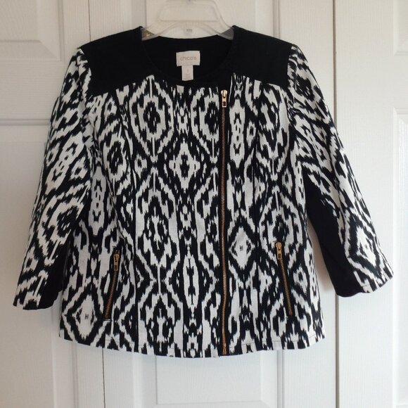 Chicos Womens Ikat Moto Jacket Zip Up Long Sleeve Pockets Black White Size 1 EUC - Picture 1 of 10